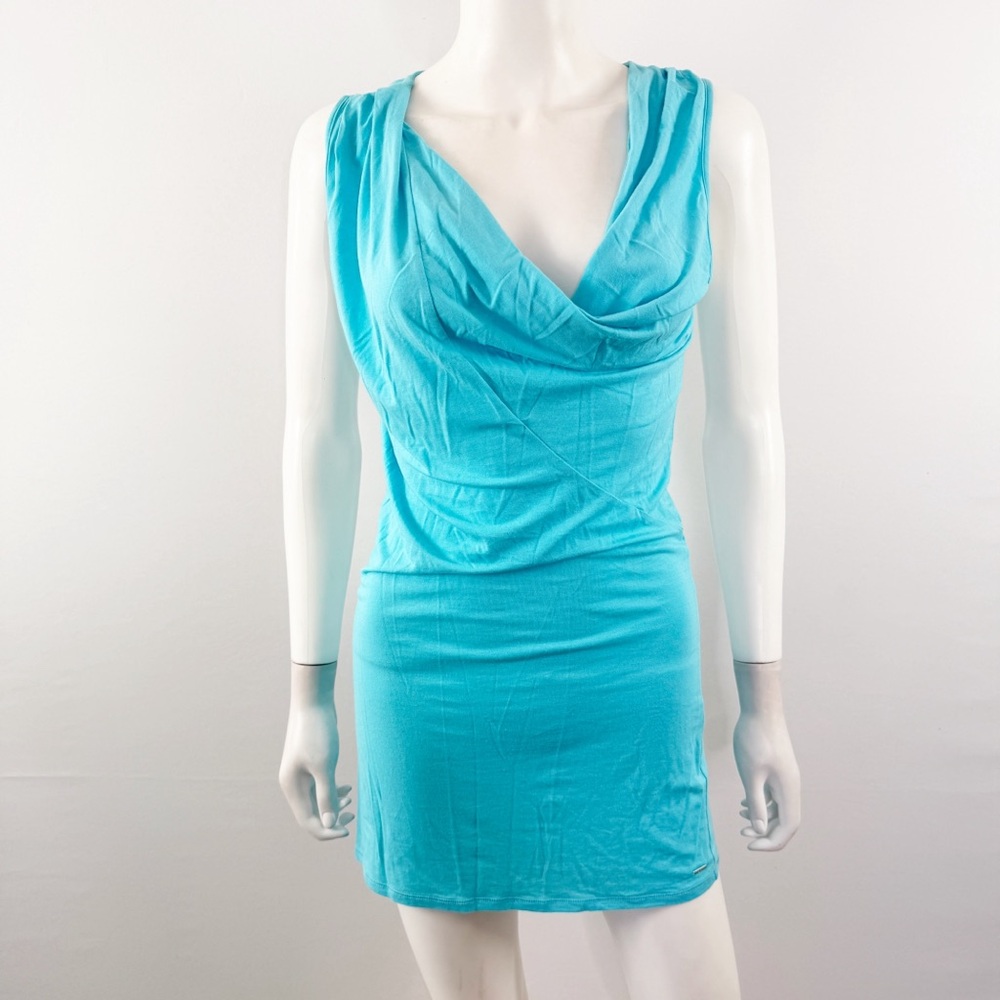 Alo Blue Mini Dress Size S Off The Shoulder Cowl Neck T-Shirt Jersey Knit Casual
